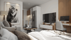 A spacious bed inside Studio Airport Hotel Apartments at JKIA Nairobi