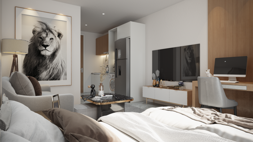 A spacious bed inside Studio Airport Hotel Apartments at JKIA Nairobi